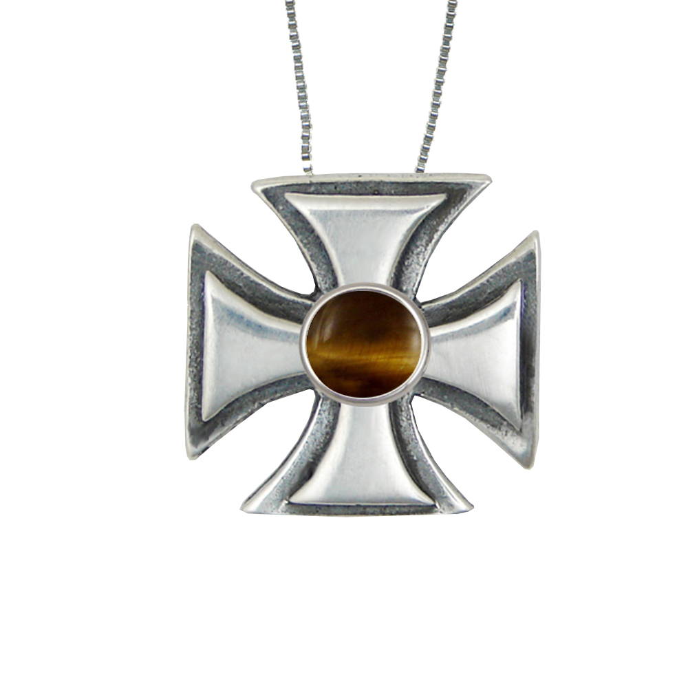 Sterling Silver Iron Cross Pendant With Tiger Eye